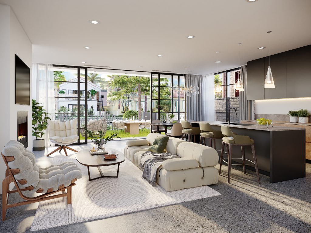 Living Room 3D Rendering of a modern open-plan space with a white sofa, large sliding glass doors, indoor-outdoor view, and a kitchen island in the background.