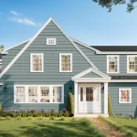 3D Rendering House of a modern suburban family home with classic gable roof, white windows, and landscaped front yard