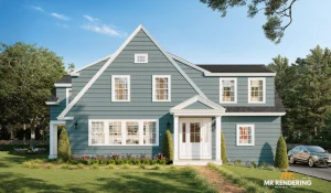 3D Rendering House of a modern suburban family home with classic gable roof, white windows, and landscaped front yard