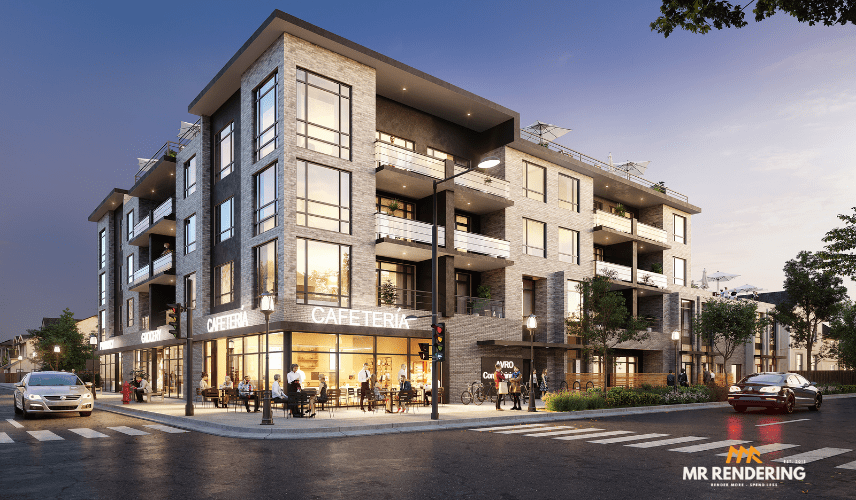 3D rendering of a modern mixed-use building