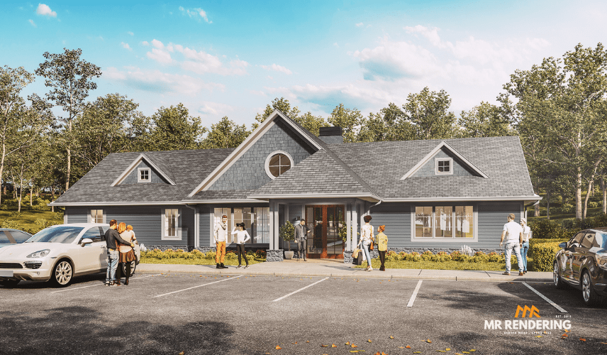 3D Rendering House of a modern community building with gable roof, parking area, people interaction, and realistic exterior details