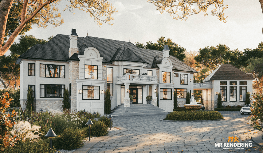 3D Rendering House of a luxury classic villa featuring symmetrical architecture, stone façade, elegant lighting, and landscaped driveway