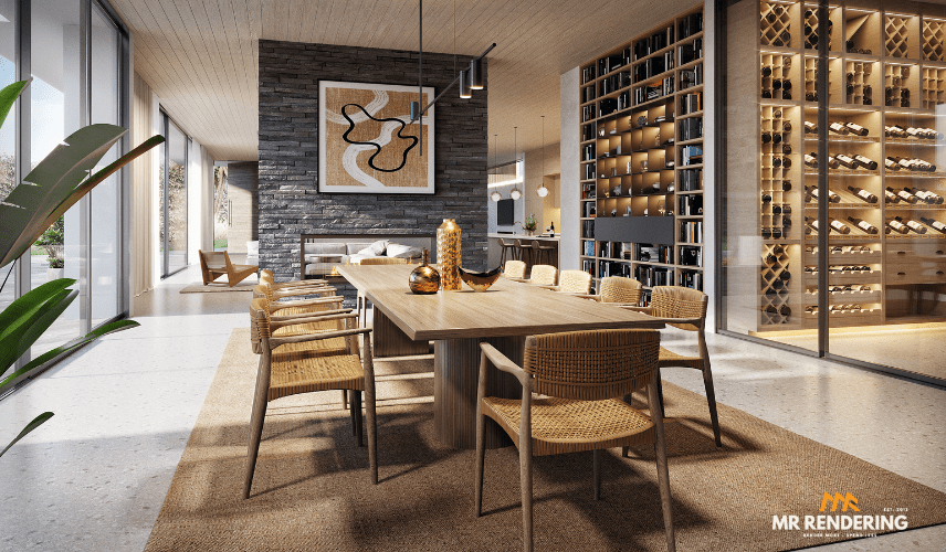 A photorealistic 3D rendering of a modern dining room