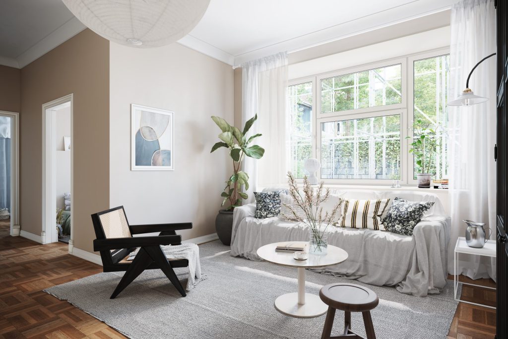 3D animation home interior showing a minimalist living room with neutral colors, modern seating, soft textiles, natural daylight, and a calm residential atmosphere