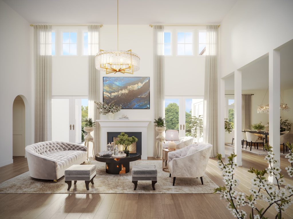 3D animation home interior featuring a bright double-height living room with neutral tones, modern furniture, natural light, and elegant decorative details