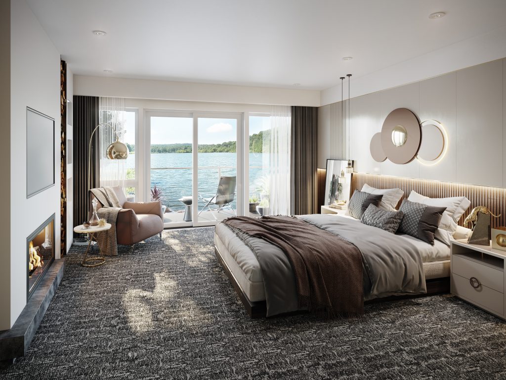 3D Interior Bedroom rendering for a waterfront luxury residence in Lake Austin