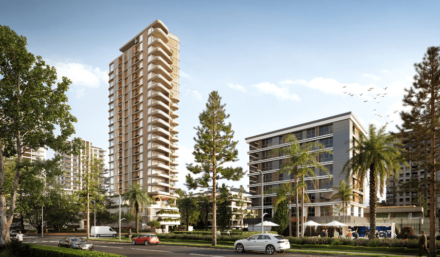 Commercial 3D rendering of a modern mixed-use building with residential towers and commercial podium, showcasing realistic exterior design and urban context.Commercial 3D rendering of a modern mixed-use building with residential towers and commercial podium, showcasing realistic exterior design and urban context.