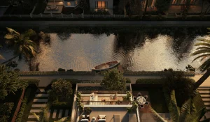 Luxury resort exterior visualized with CGI rendering for real estate, featuring dramatic lighting, tropical landscaping, and premium architectural detail