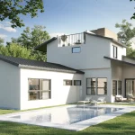 3D rendering for home construction showing the rear exterior view of a modern two-storey house with large windows and garden area