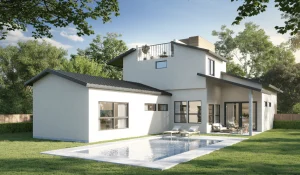 3D rendering for home construction showing the rear exterior view of a modern two-storey house with large windows and garden area
