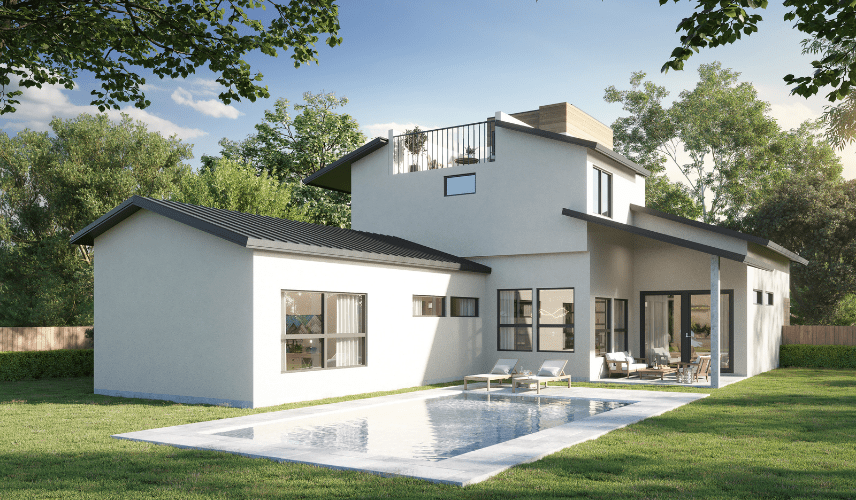 3D rendering for home construction showing the rear exterior view of a modern two-storey house with large windows and garden area