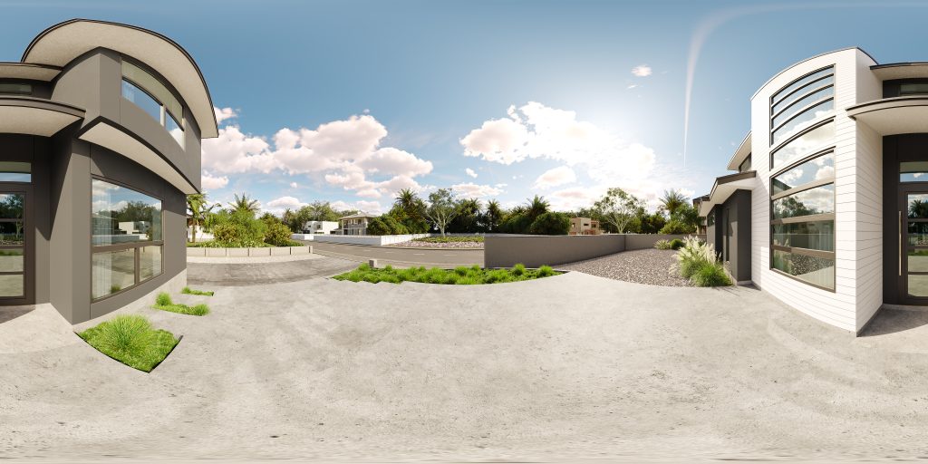 3D virtual tours of homes showcasing a modern residential exterior with landscaped pathways and immersive 360-degree navigation