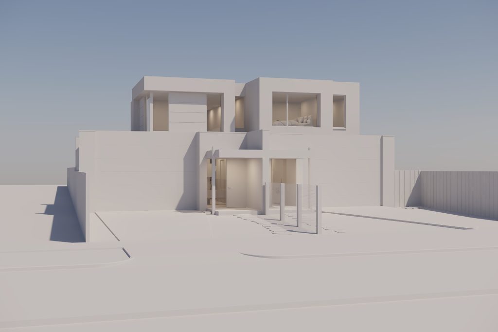 Clay render stage showing massing and proportions of a modern duplex 3D exterior house design