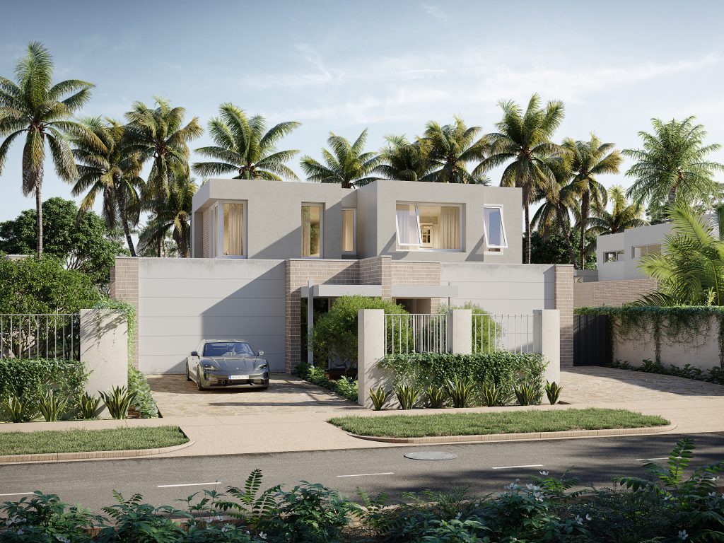 Street view 3D exterior house design of a modern duplex with garage, landscaped frontage, and tropical surroundings