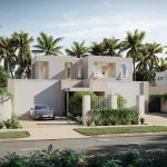 Street view 3D exterior house design of a modern duplex with garage, landscaped frontage, and tropical surroundings