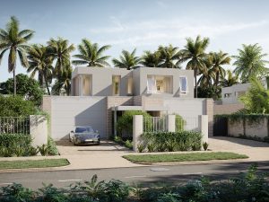 Street view 3D exterior house design of a modern duplex with garage, landscaped frontage, and tropical surroundings