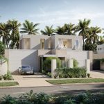 Street view 3D exterior house design of a modern duplex with garage, landscaped frontage, and tropical surroundings