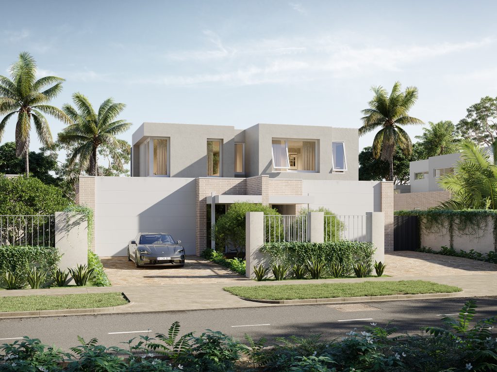 Photorealistic 3D exterior house design of a modern duplex with clean façade, daylight lighting, and street view perspective