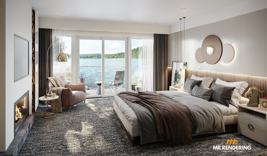 3D Interior Bedroom rendering for a waterfront luxury residence in Lake Austin