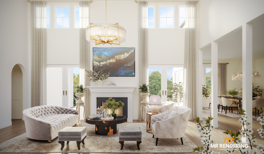 3D animation home interior featuring a bright double-height living room with neutral tones, modern furniture, natural light, and elegant decorative details