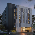 Commercial 3D rendering of Urban Vista Commercial Residences, showing a modern mid-rise building with illuminated façade and realistic nighttime exterior design.