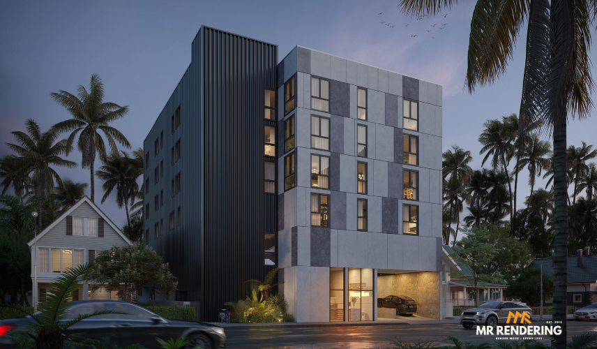 Commercial 3D rendering of Urban Vista Commercial Residences, showing a modern mid-rise building with illuminated façade and realistic nighttime exterior design.