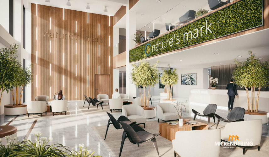 Commercial 3D rendering of Urban Vista Commercial Residences café interior, showcasing seating layout, natural lighting, and modern materials