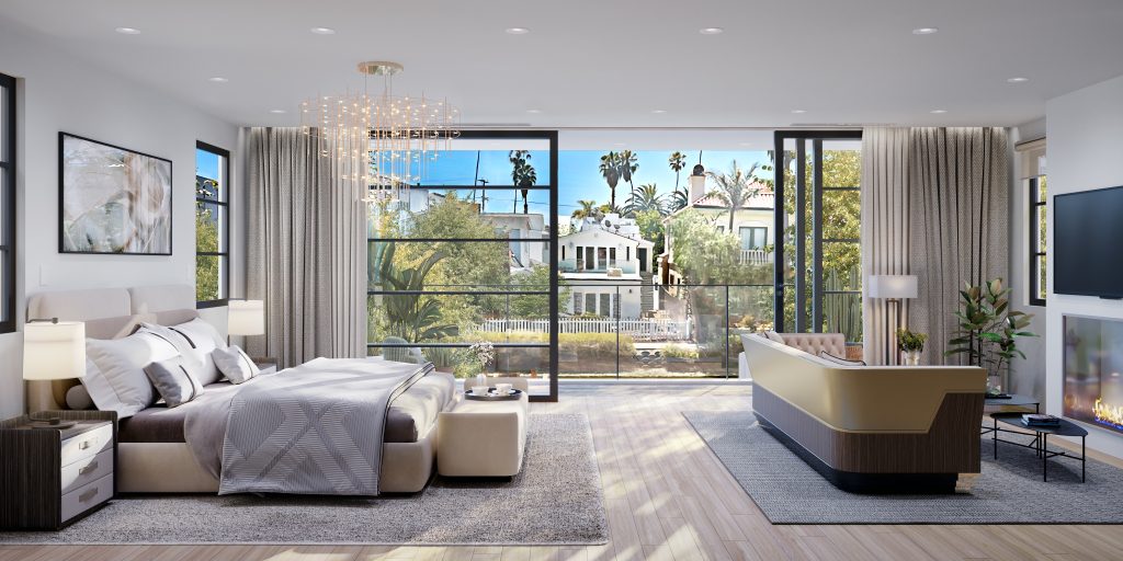 3D Interior Bedroom visualization showcasing a luxury bedroom with natural light