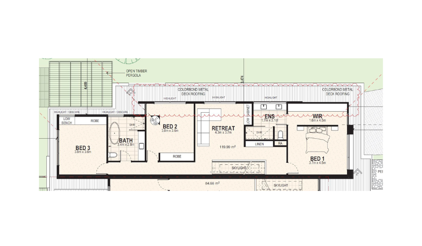 3D rendering for home construction showing a detailed floor plan layout for a modern single-storey residential house.