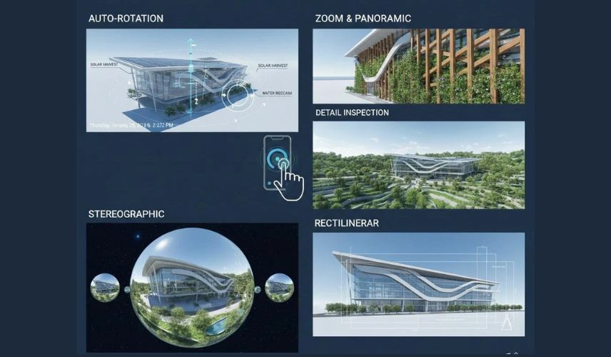 Property Virtual Tour featuring auto-rotation view of Aurora Green Innovation Hub, highlighting sustainable architectural design and building form.