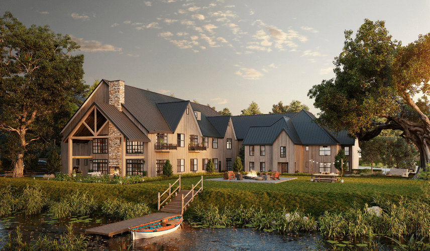 3D exterior architectural rendering of a luxury lakeside residential project featuring modern architecture, pitched roofs, and natural landscape integration.