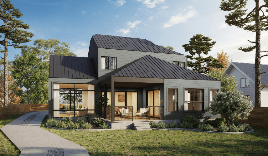 3D exterior architectural rendering of a suburban residential home featuring pitched metal roofs, covered porch, and landscaped garden.