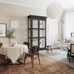Interior design visualization of a Scandinavian-style dining and workspace with warm wood flooring, soft daylight, and minimalist furniture.
