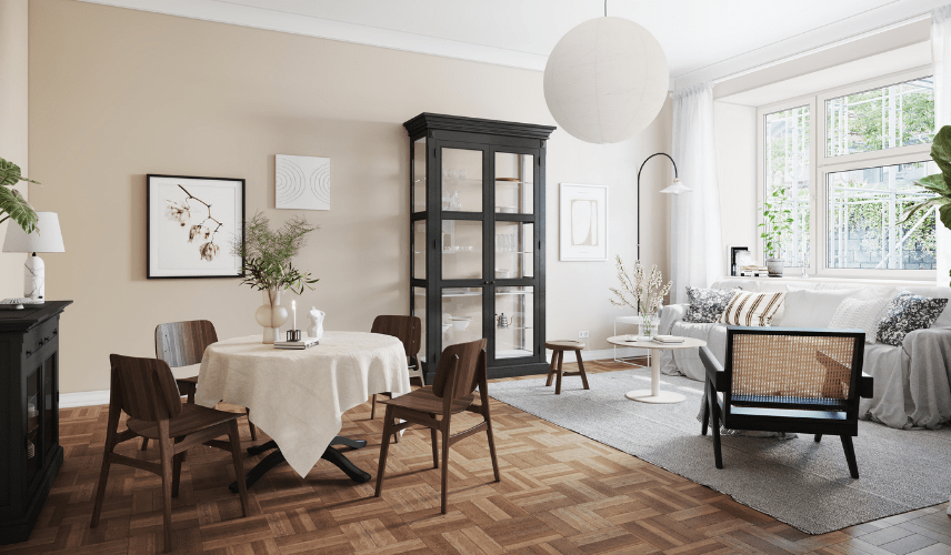 Interior design visualization of a Scandinavian-style dining and workspace with warm wood flooring, soft daylight, and minimalist furniture.
