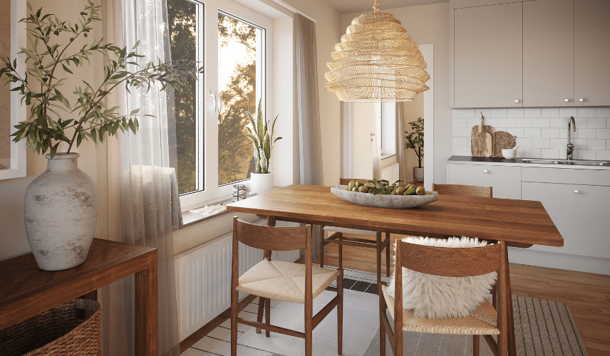 Interior design visualization of a cozy breakfast nook with natural sunlight, wooden furniture, and soft neutral textures.
