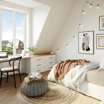Minimalist attic bedroom visualized in a 3D rendering walkthrough with soft natural lighting and neutral tones