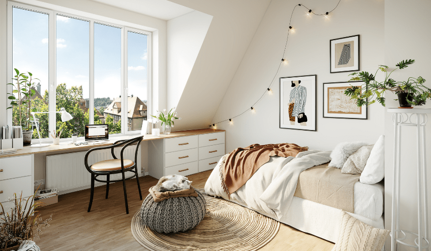 Minimalist attic bedroom visualized in a 3D rendering walkthrough with soft natural lighting and neutral tones