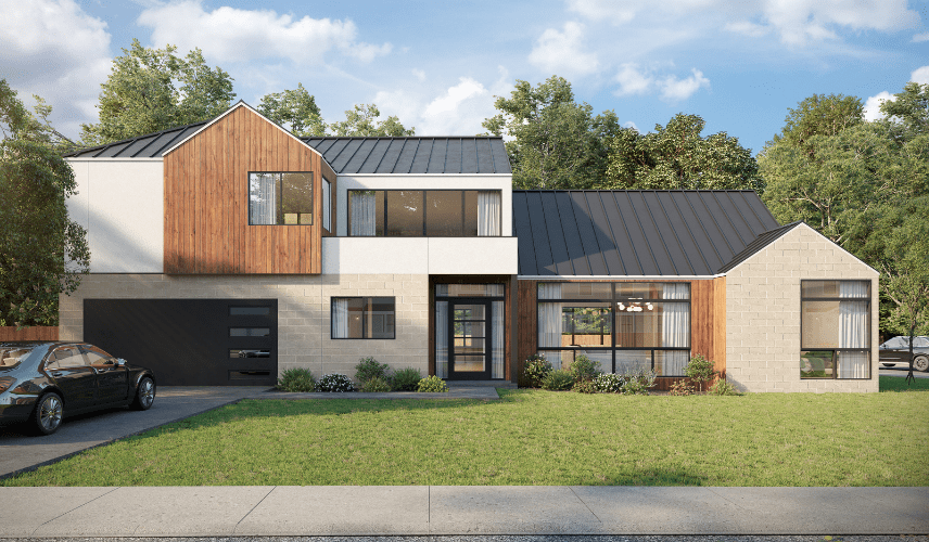 3D exterior architectural rendering of a modern family home featuring wood cladding, metal roofing, and landscaped front yard.