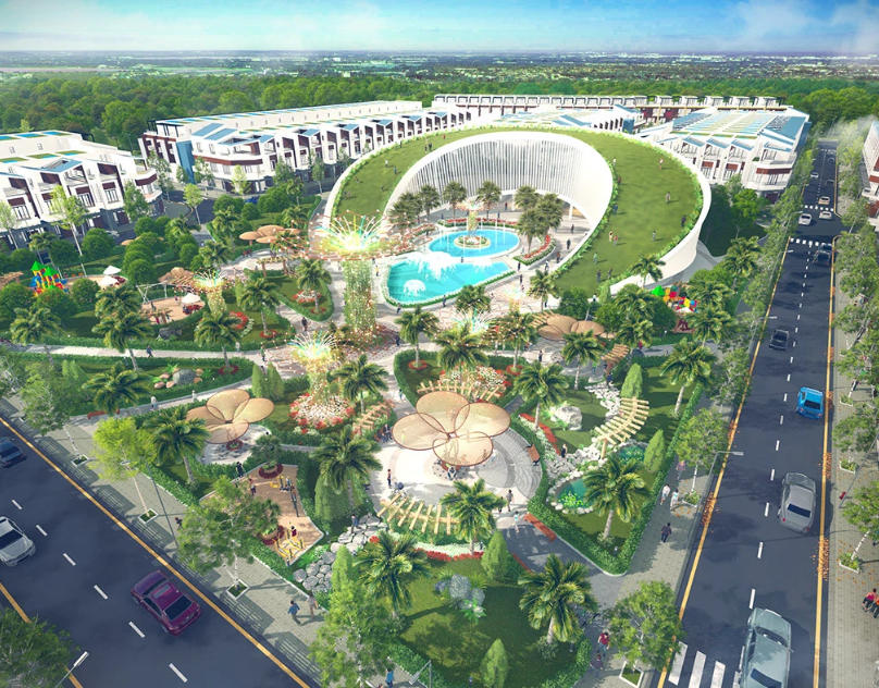 3D landscape rendering of a modern urban park featuring lush greenery, water features, walking paths, and community spaces viewed from above.