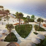 3D landscape rendering of a coastal resort landscape with palm trees, sun loungers, shaded umbrellas, pedestrian paths, and ocean views.
