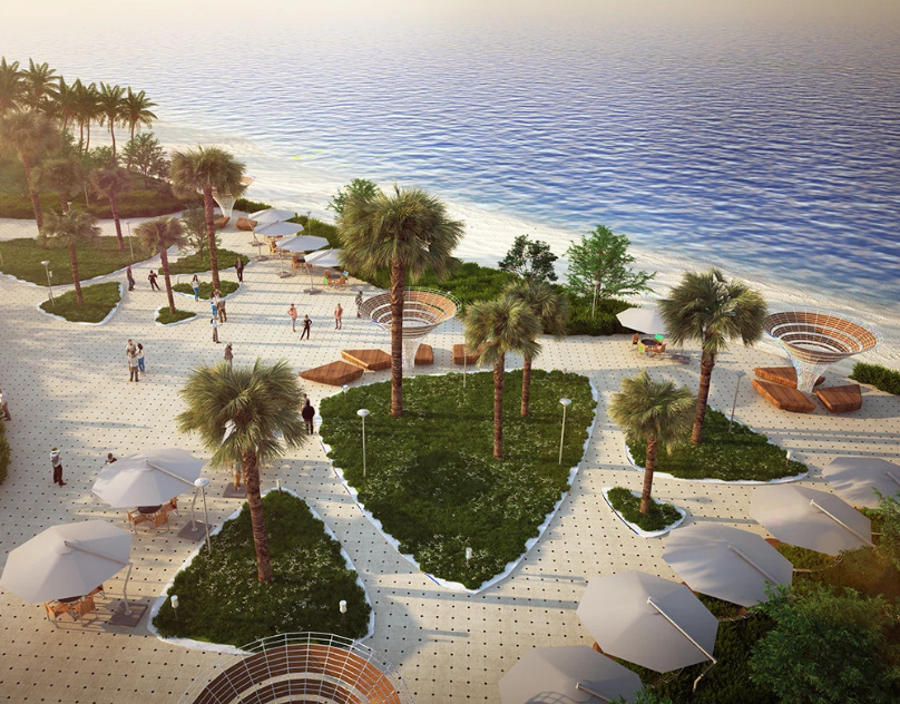 3D landscape rendering of a coastal resort landscape with palm trees, sun loungers, shaded umbrellas, pedestrian paths, and ocean views.