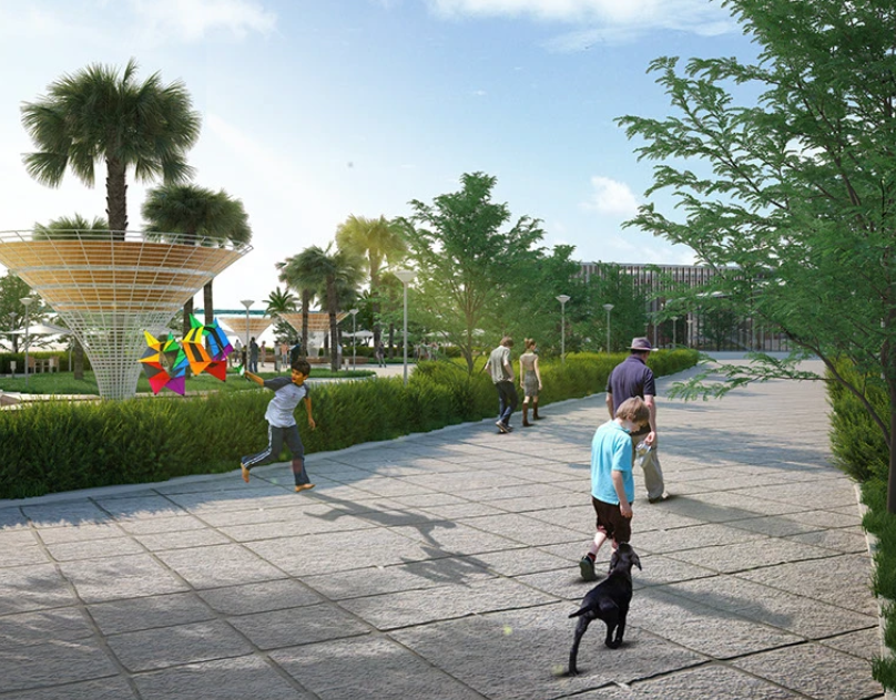 3D landscape rendering of a family-friendly urban park with pedestrian walkways, green landscaping, playground areas, and people enjoying outdoor activities.
