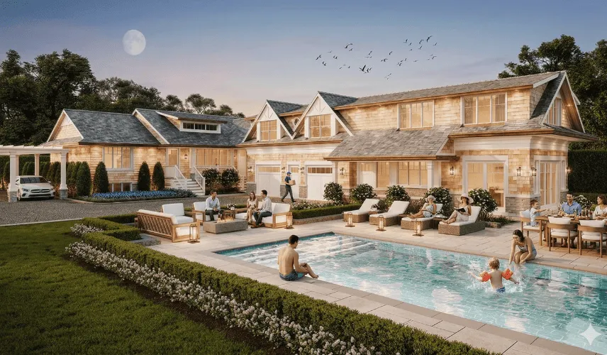 People in architectural rendering showing a luxury villa with poolside activity and realistic human interaction