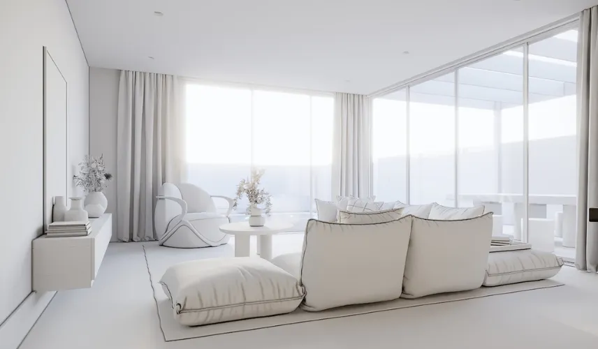 Minimalist living room 3D modeling with soft lighting and modern interior design