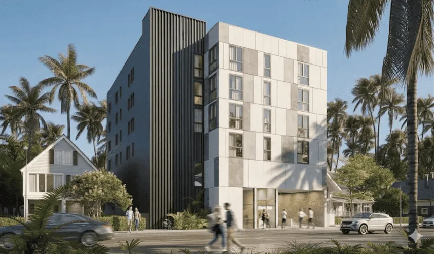 People in architectural rendering around a modern apartment building with outdoor activity and urban landscaping