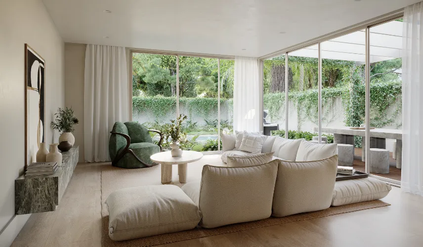 Contemporary interior 3D modeling with natural light and detailed materials