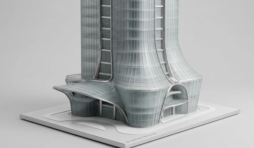 Futuristic tower design created with architectural 3D modeling showing smooth parametric curves and detailed building geometry.