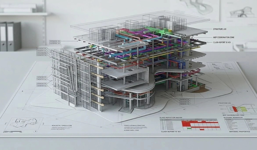 Building Information Modeling structure created with architectural 3D modeling showing structural systems and building components.