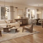 Modern living room interior 3D rendering with optimized lighting and materials to speed up 3D rendering workflow