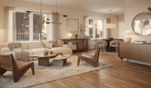 Modern living room interior 3D rendering with optimized lighting and materials to speed up 3D rendering workflow